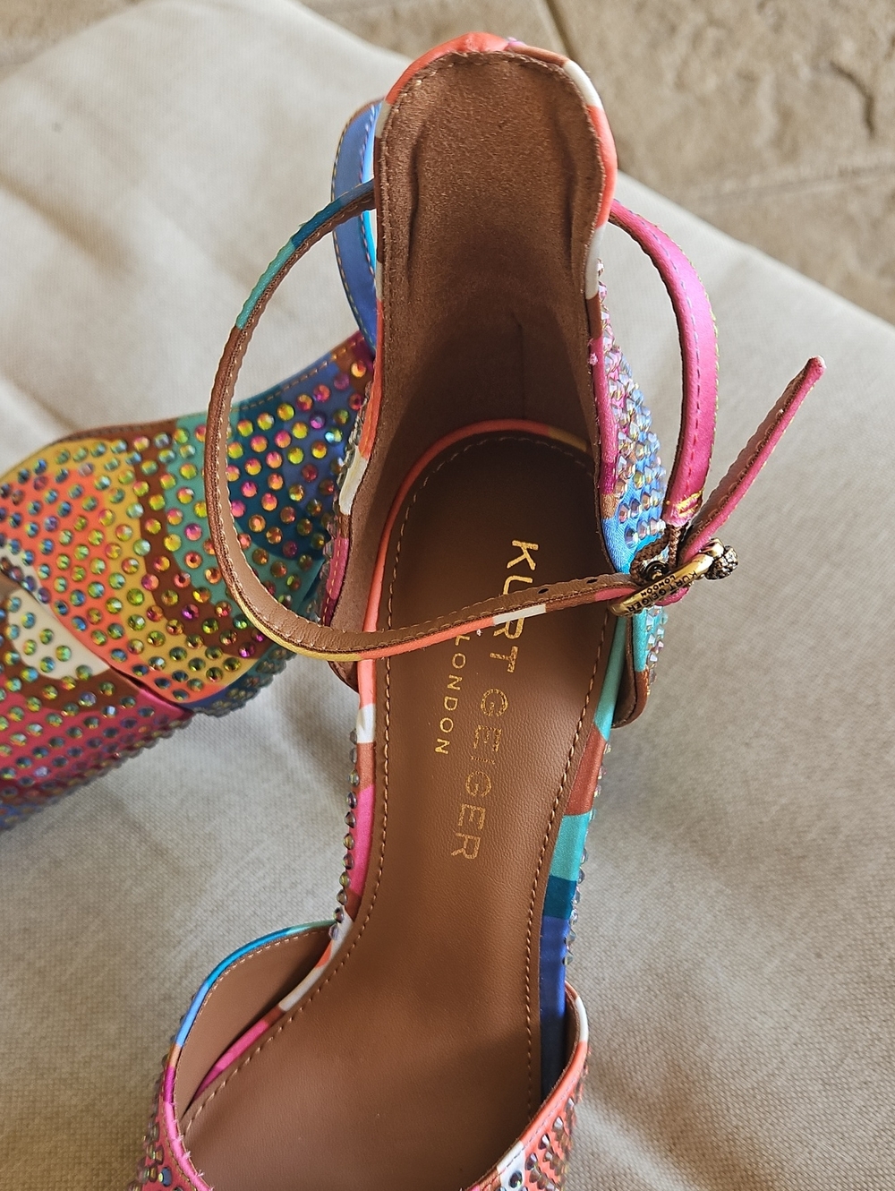 KURT GEIGER Shoreditch Platform Heel Multi Swirl Rainbow Embellished Ankle Strap - Picture 6 of 8